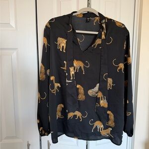 Black with Leopard Print Long Sleeve Blouse